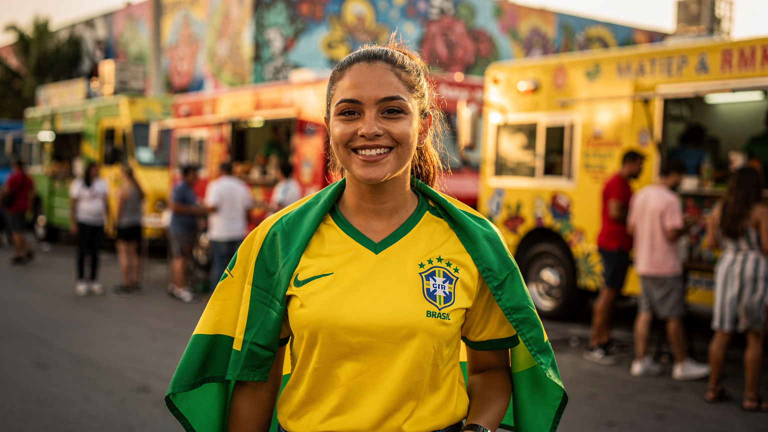 Uma torcedora de futebol, vestindo uma camisa do Brasil e com uma bandeira brasileira enrolada nos ombros, está de pé em frente a um food truck vibrante em um festival de rua em Miami, com uma variedade de comidas sendo preparadas e vendidas ao fundo.