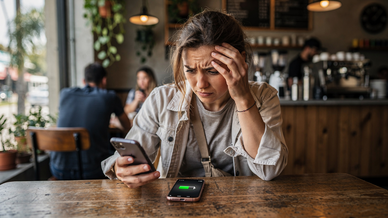 Uma mulher sentada em uma mesa de cafeteria movimentada em Los Angeles, com uma expressão preocupada enquanto olha para seu smartphone, com a bateria visivelmente baixa, indicando um problema de conectividade ou carga.