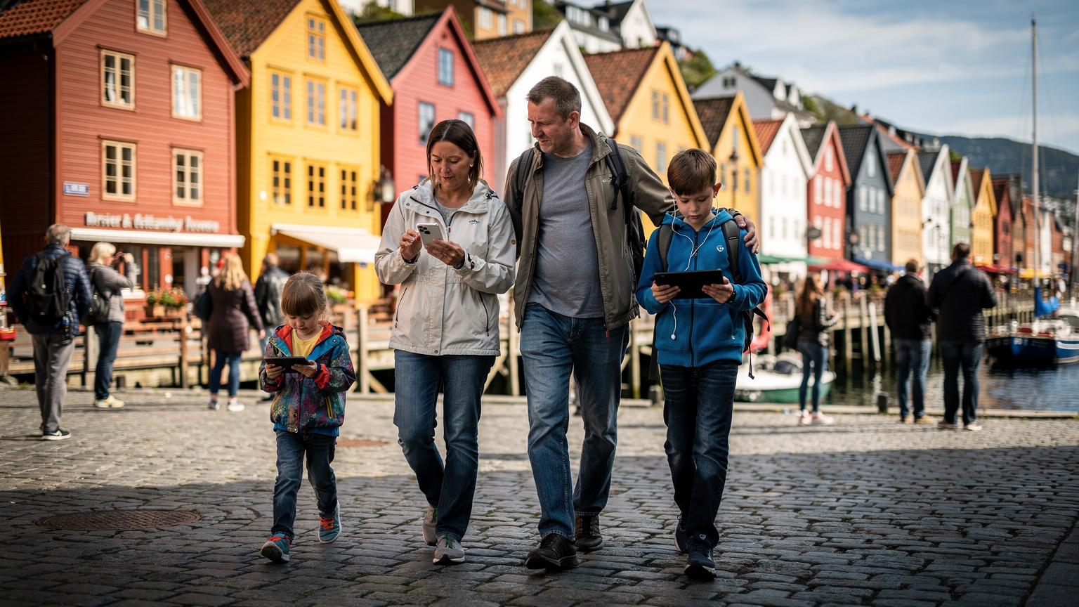 En travel familie i en norsk by. Mor sjekker telefonen for veibeskrivelse mens barna stirrer på nettbrettet sitt.