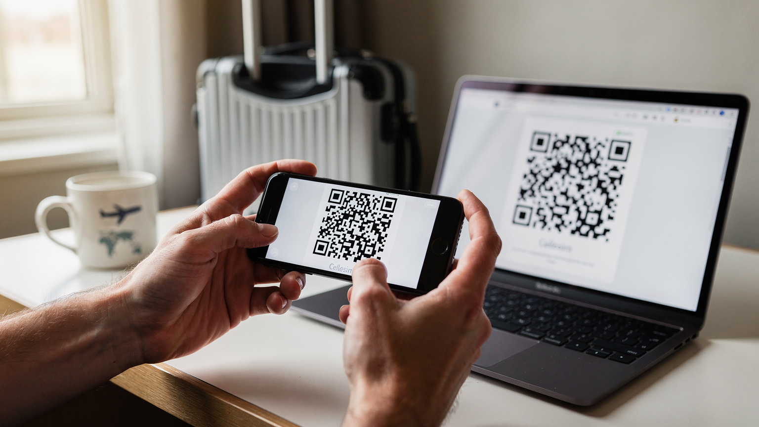 En person skanner en QR-kode med en iPhone for å aktivere eSIM, med en laptop i bakgrunnen som viser Cellesims nettside.
