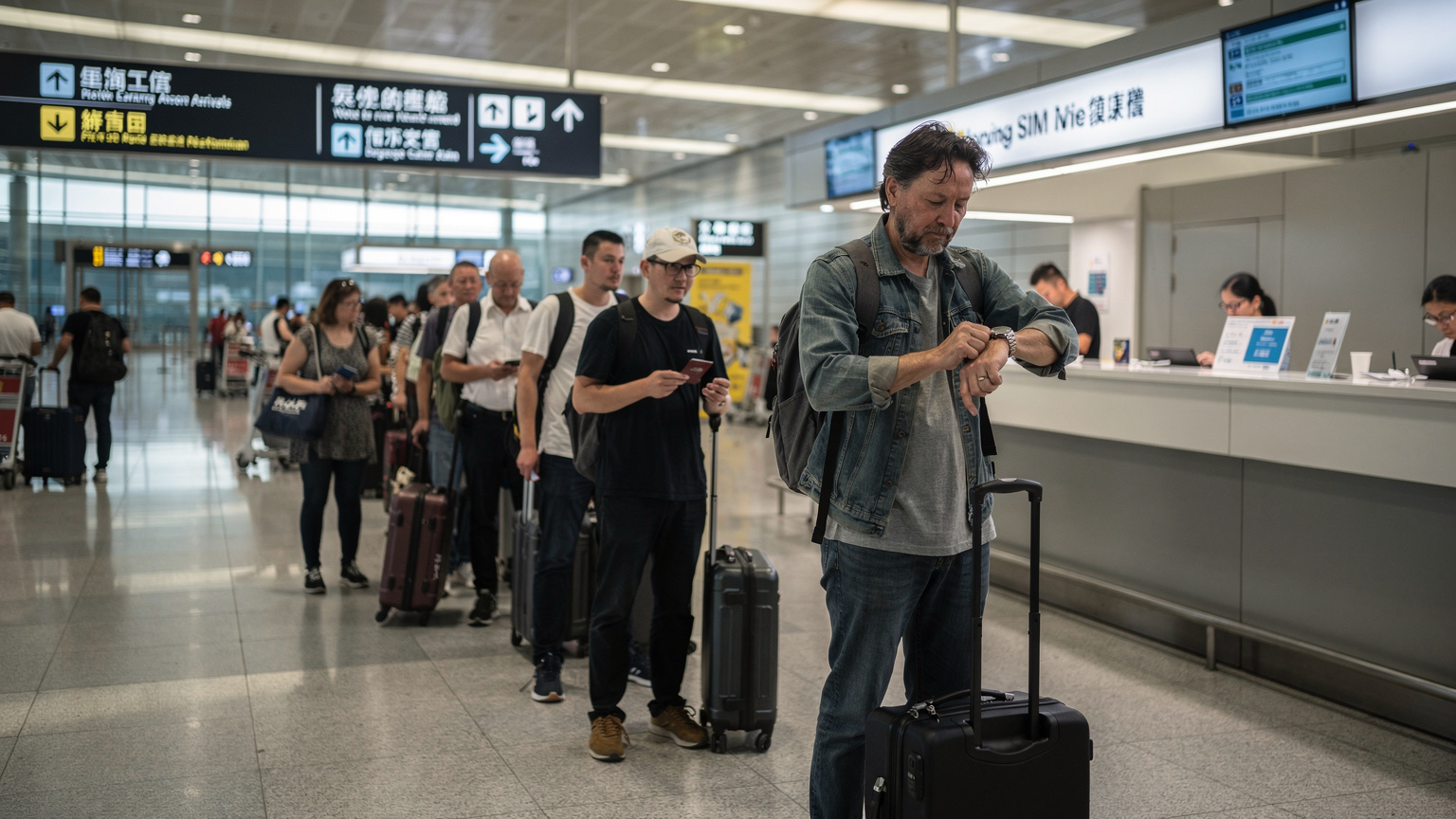 一位旅客在香港國際機場的抵達大廳, 正在排隊等待辦理手機卡業務, 臉上略顯疲憊。