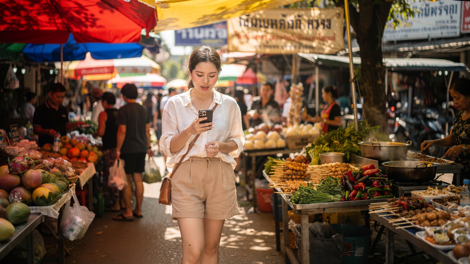 En kvinna går genom en livlig marknad i Chiang Mai, Thailand, med sin iPhone 11 i handen och en ryggsäck på ryggen.