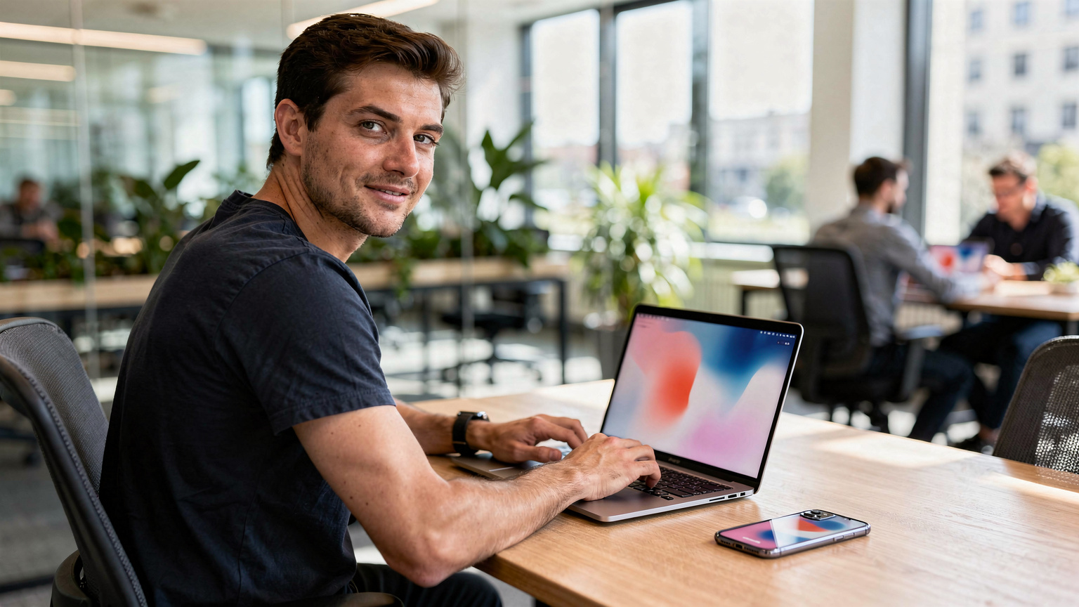 En digital nomad arbetar på sin laptop med en iPhone 11 bredvid sig, i ett modernt, ljust co-working space i Berlin.