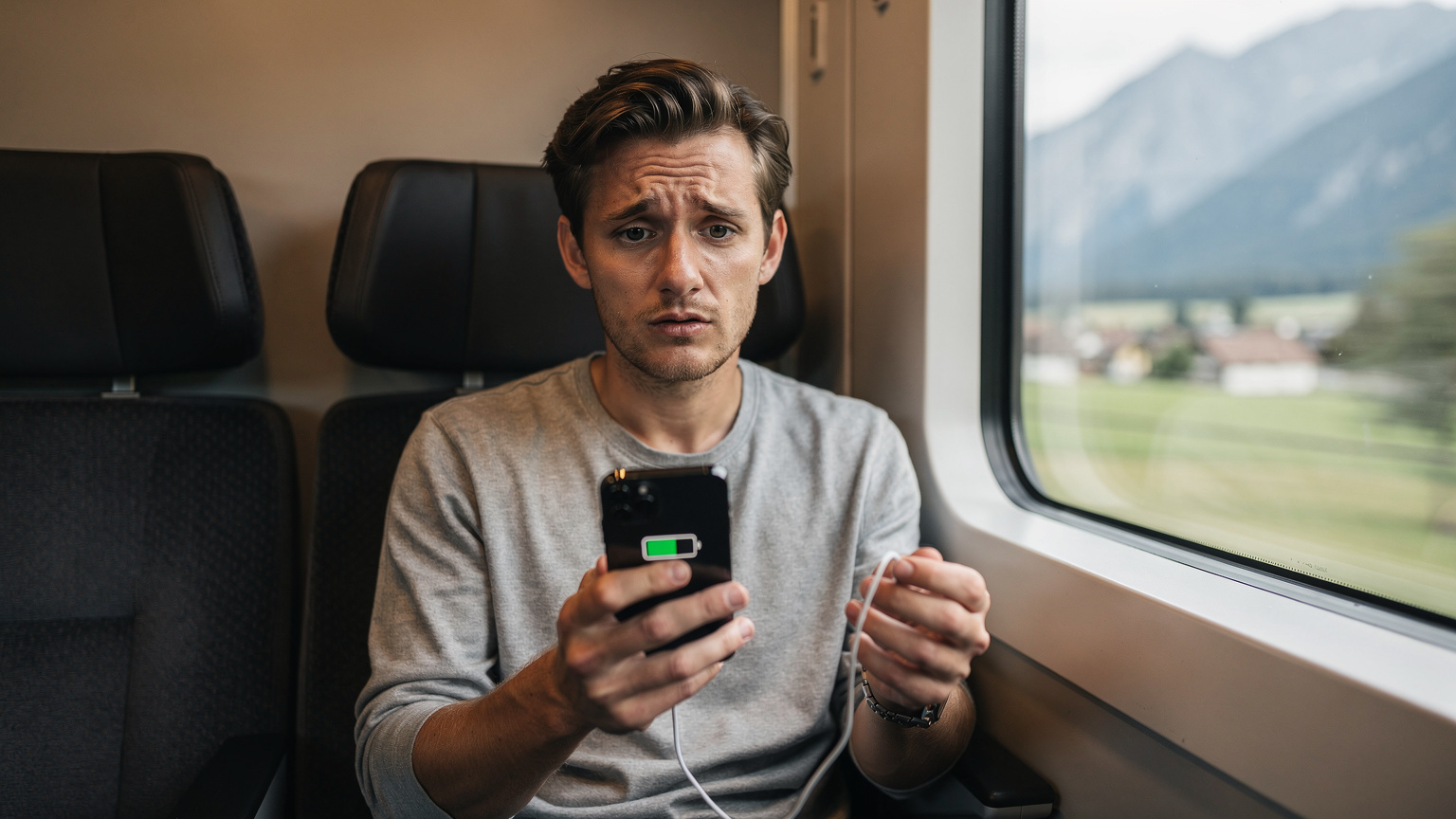 En resenär på ett tåg i Europa ser bekymrad ut över sin iPhone 11:s låga batterinivå, med en laddkabel i handen och ett vackert landskap utanför fönstret.