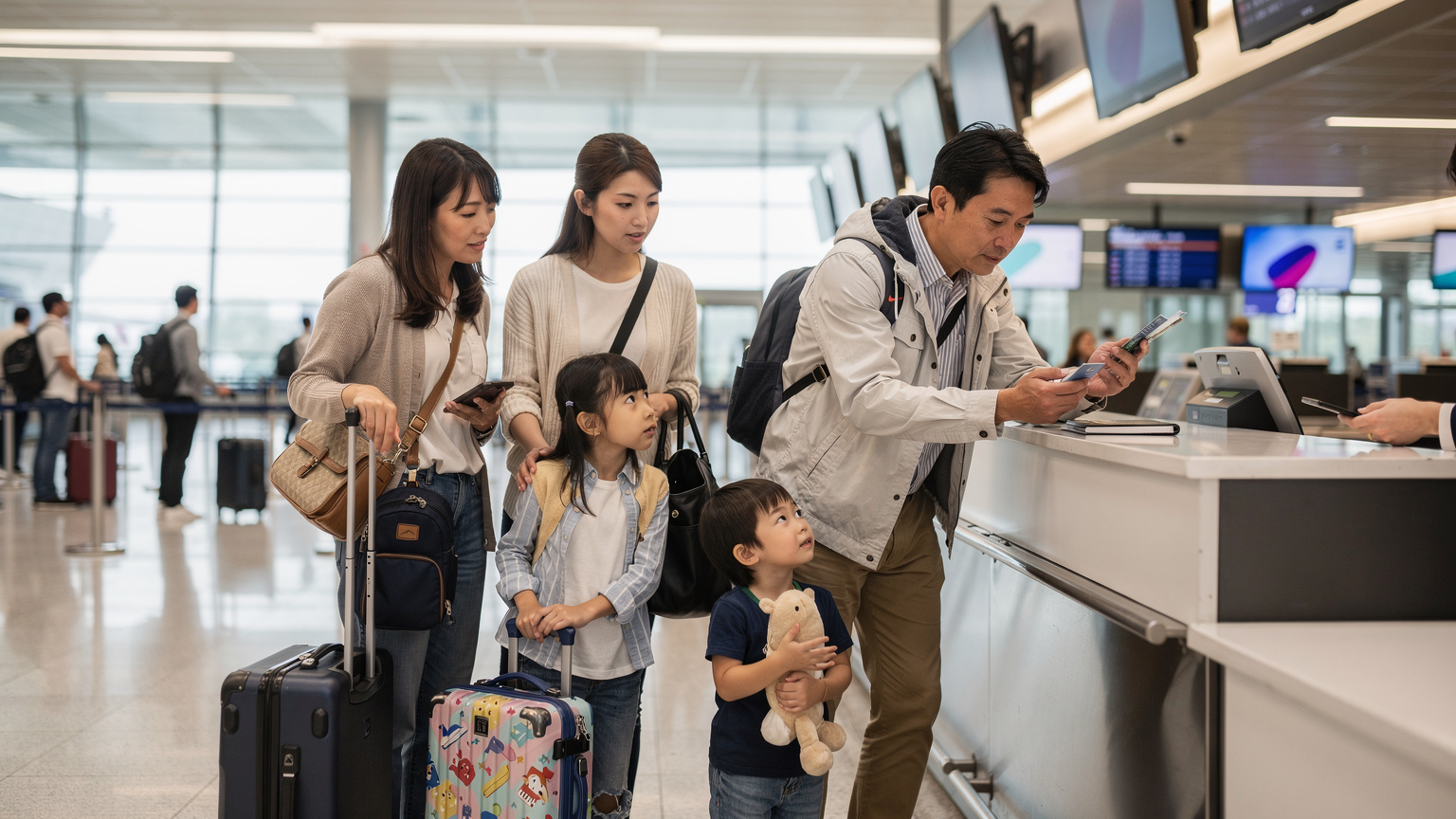 空港のチェックインカウンターで、家族がパスポートと航空券を提示している。父親がスマートフォンで最終確認をしており、母親は手荷物を抱えた子供たちを見守っている。旅行の出発前の緊張と期待が混じり合った瞬間。