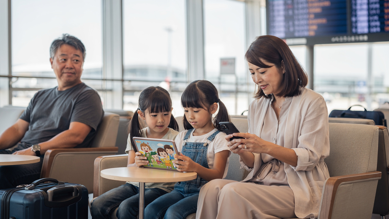 羽田空港のラウンジで、搭乗を待つ家族連れ。子供たちはiPadで動画を見ており、親がiPhone 17でeSIMの設定画面を確認している。背景には出発案内板が見える。