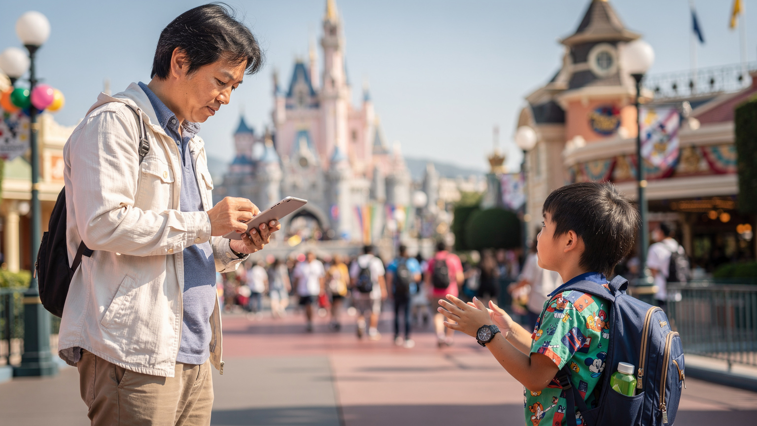 家族旅行中の香港ディズニーランド内で、父親が子供のiPadのスクリーンタイム設定を確認している。背景には活気あるテーマパークの風景が広がる。子供はアトラクションに夢中になっている。