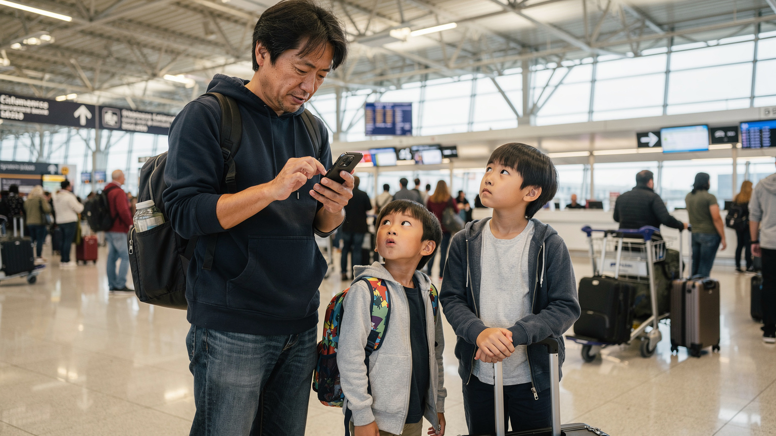 パリのシャルル・ド・ゴール空港の到着ロビーで、少し疲れた表情の父親が、子供たちに囲まれながらiPhone 17の画面を真剣に見つめ、eSIMのアクティベーションを試みている。周囲は旅行客で賑わっている。