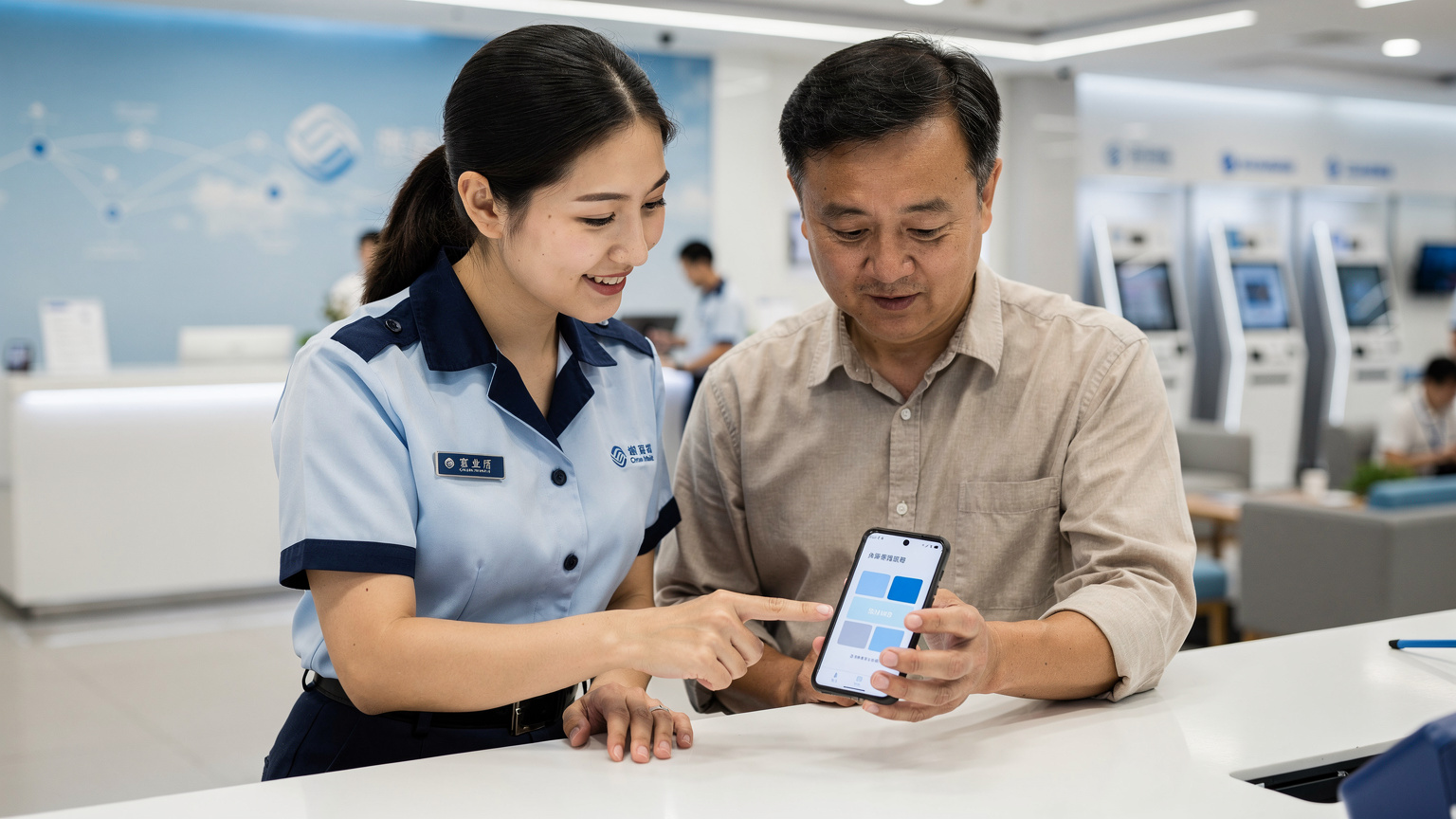 一名中國移動營業廳的工作人員, 耐心指導客戶掃描eSIM二維碼進行激活, 屏幕上顯示設置界面。