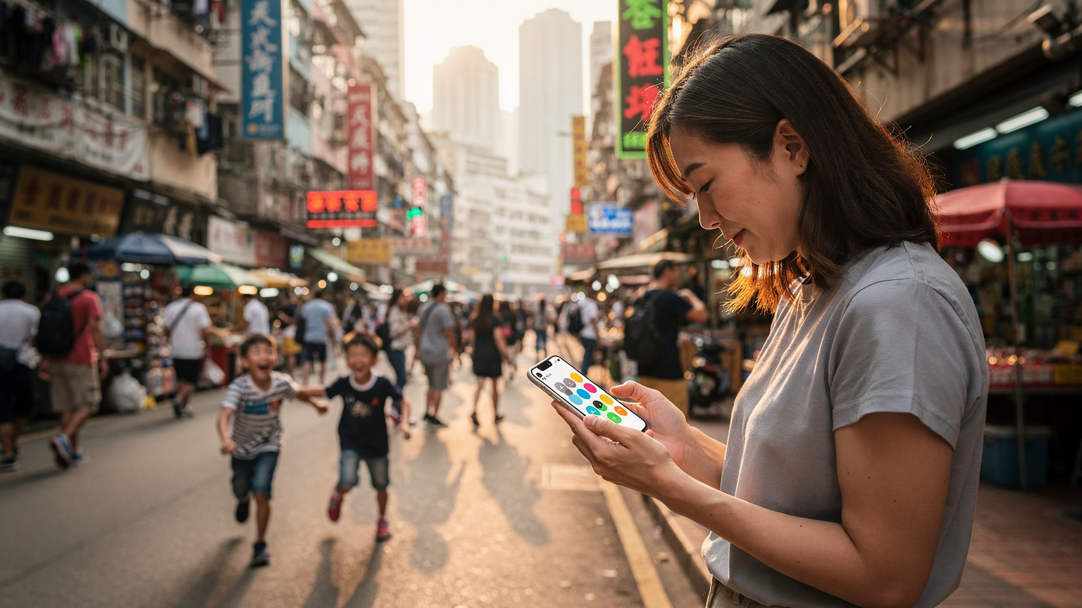 在香港熙熙攘攘的街頭, 一位母親正低頭查看手機上的Cellesim應用, 孩子們則在不遠處興奮地玩耍, 背景是充滿當地特色的招牌和建築。