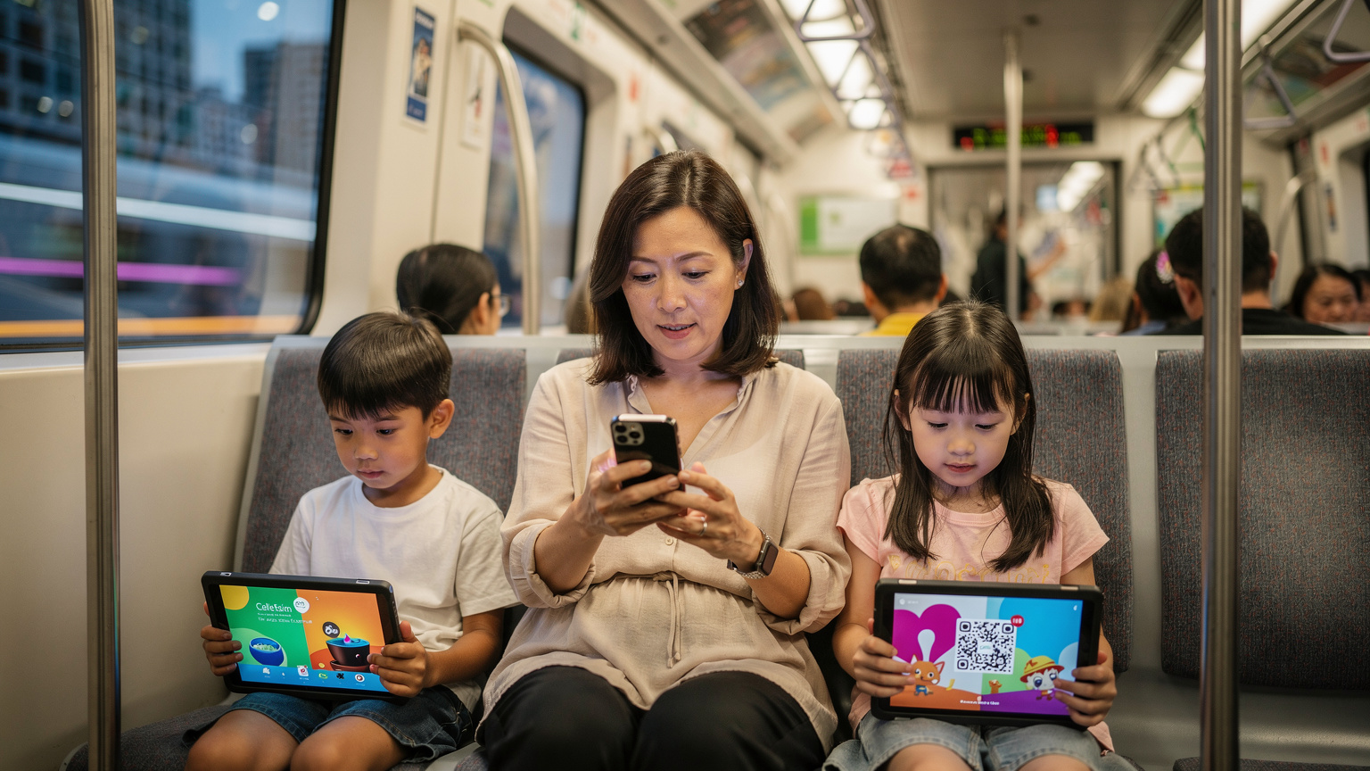 一位母親在香港繁忙的港鐵車廂內, 她正在用手機掃描Cellesim eSIM的QR碼, 旁邊的孩子們專注地看著平板電腦。