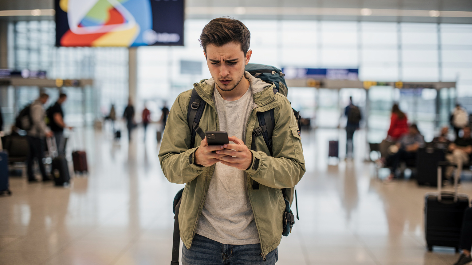 Un voyageur au regard soucieux examine son smartphone affichant un message d'erreur de connexion, debout dans un hall d'aéroport bondé et moderne, symbolisant les problèmes de réseau à l'étranger.