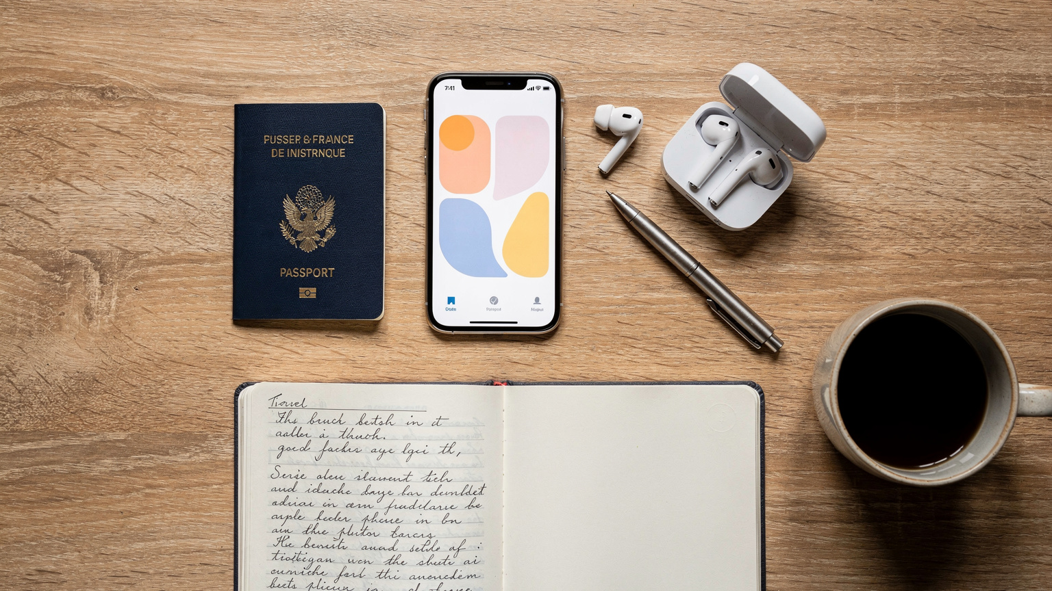 Vue de dessus d'un bureau en bois avec un carnet de voyage ouvert, un smartphone affichant l'application Cellesim, un passeport français, des écouteurs sans fil et une tasse de café, symbolisant la préparation d'un voyage moderne.