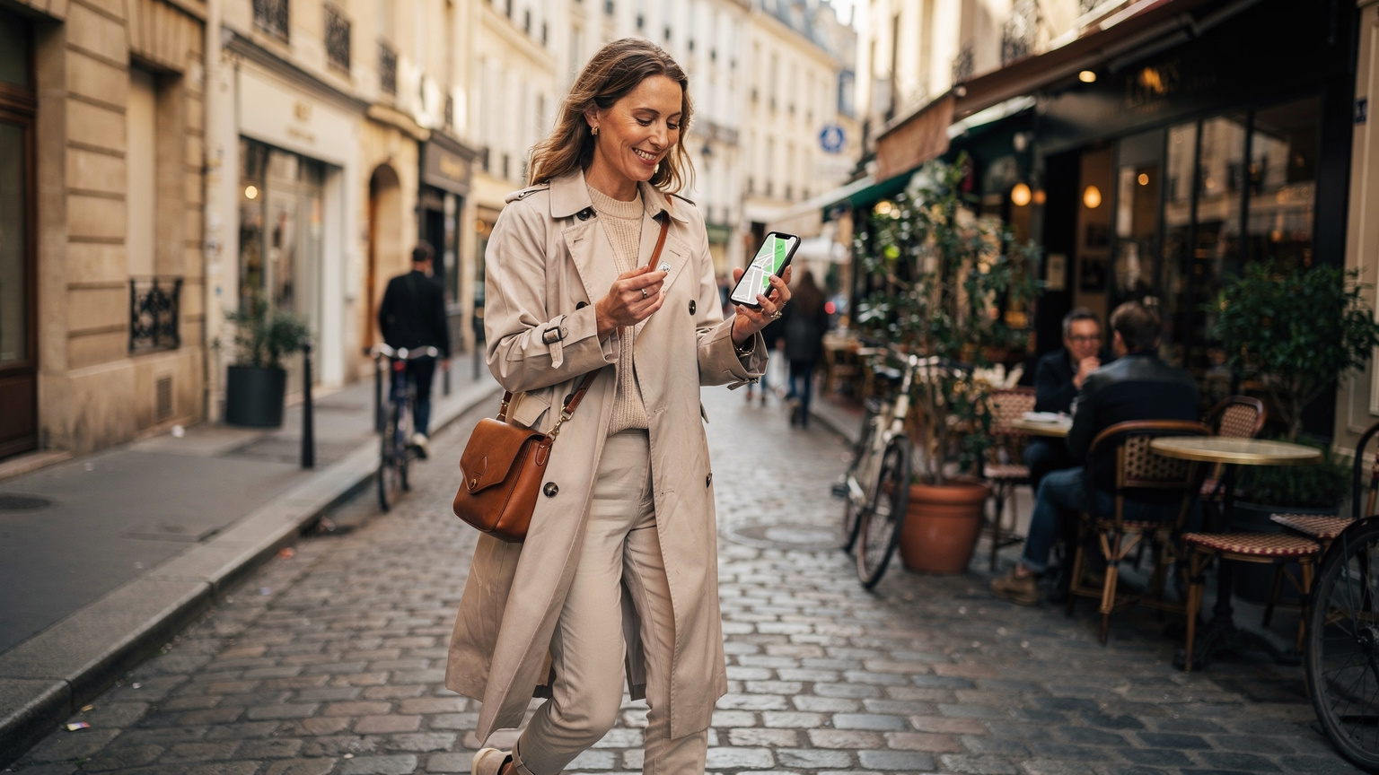 Une femme souriante utilise son smartphone pour se diriger dans les rues pavées du Marais à Paris, avec des boutiques traditionnelles en arrière-plan, profitant d'une connexion internet fluide.