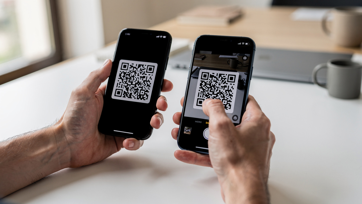 Un primo piano di mani che tengono uno smartphone, mostrando un QR code sullo schermo, mentre un'altra mano lo scansiona con un altro dispositivo. L'atmosfera è concentrata e tecnologica.