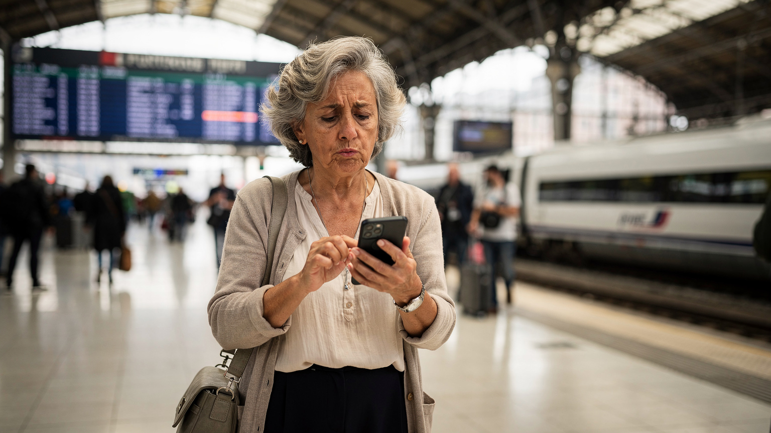 Una donna anziana con un'espressione confusa guarda il suo smartphone in un'affollata stazione ferroviaria europea, mentre cerca di capire le opzioni di connettività. Si vede un treno in lontananza.