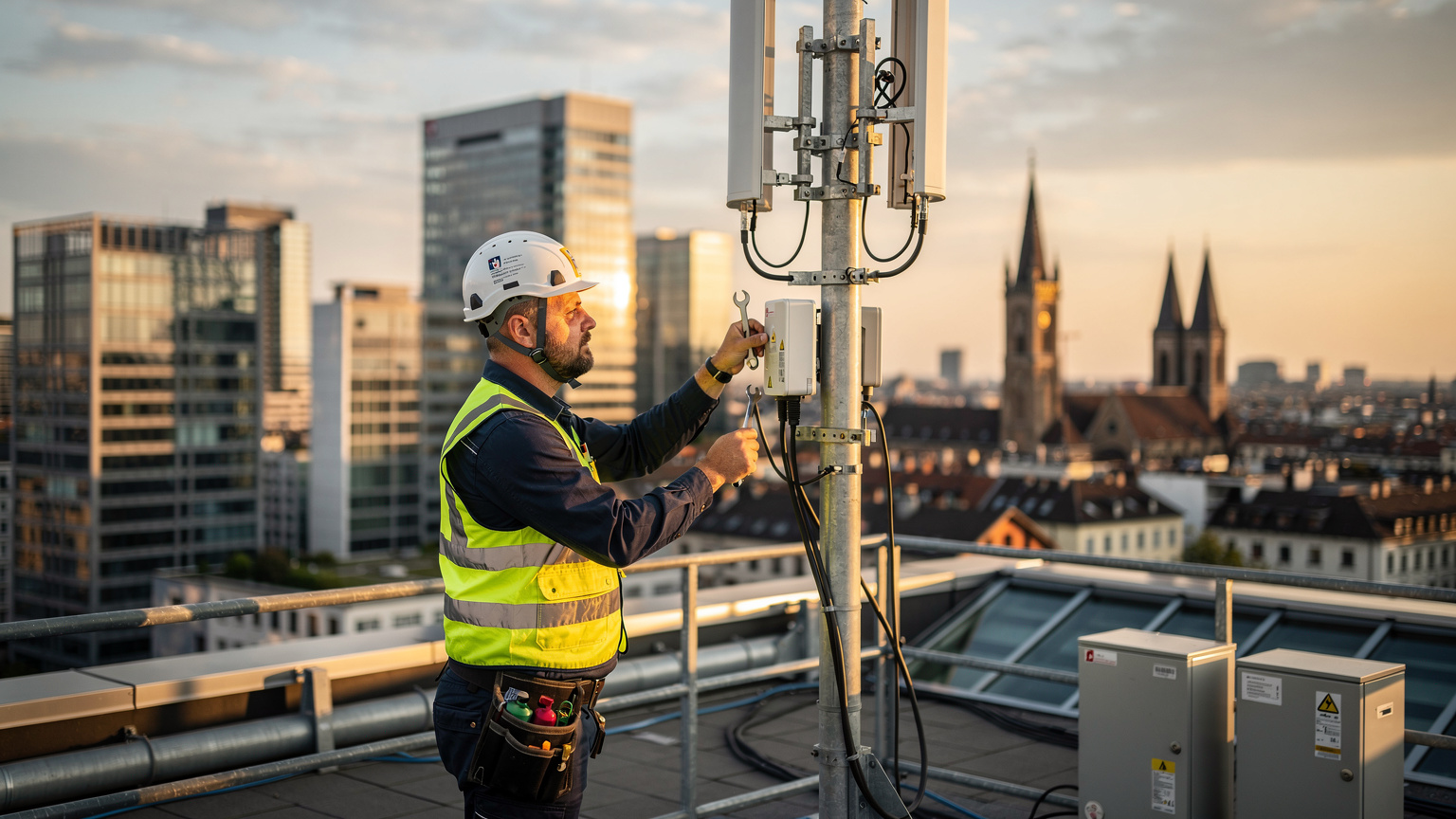 Un tecnico delle telecomunicazioni con un gilet ad alta visibilità esamina un'antenna 5G su un tetto, con lo skyline di una città europea moderna sullo sfondo al tramonto.