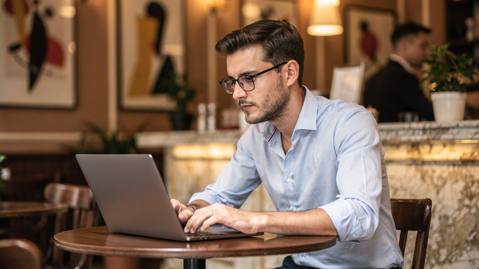 Un giovane professionista con occhiali siede in un elegante caffè di Milano, lavorando al laptop. Accanto a lui, una tazza di caffè e uno smartphone. L'atmosfera è di produttività e connettività.