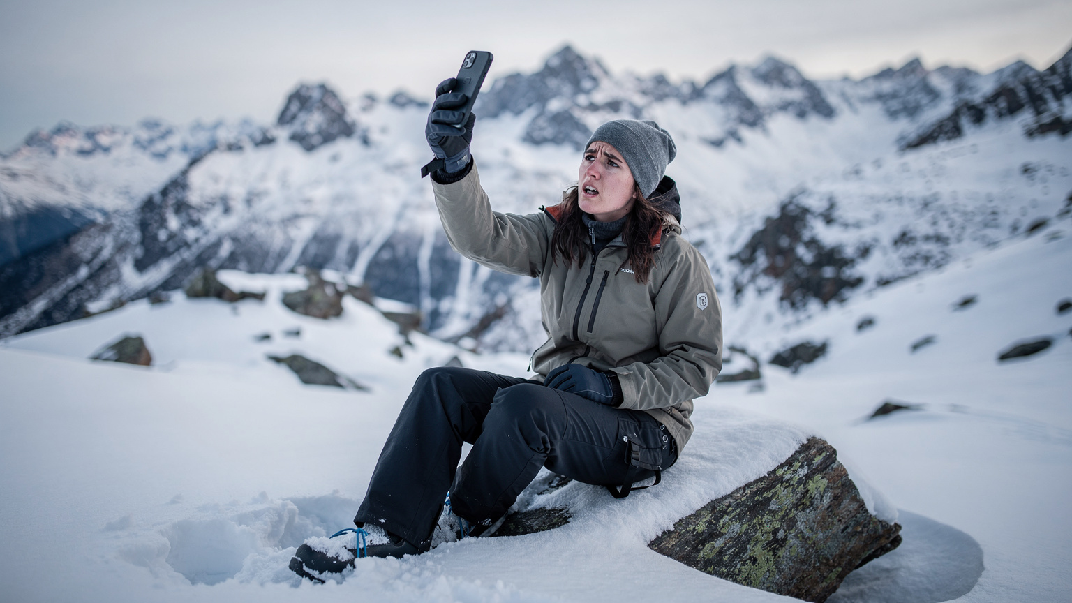Eine junge Frau in Skikleidung sitzt mit besorgtem Blick auf einem schneebedeckten Felsen in den Pyrenäen. Sie hält ihr Smartphone hoch und versucht, einen Anruf zu tätigen, während eine Schneewehe hinter ihr zu sehen ist. Der Ausdruck auf ihrem Gesicht ist ernst und sie scheint Schwierigkeiten zu haben, Empfang zu bekommen.