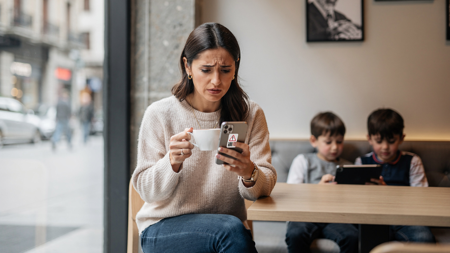 Eine junge Mutter in einem modernen Café in Andorra la Vella schaut besorgt auf ihr Smartphone, das eine Warnung über hohe Datennutzung anzeigt, während ihre beiden Kinder im Hintergrund auf einem Tablet spielen. Sie hält eine Tasse Kaffee in der Hand und ihr Gesichtsausdruck ist leicht angespannt.