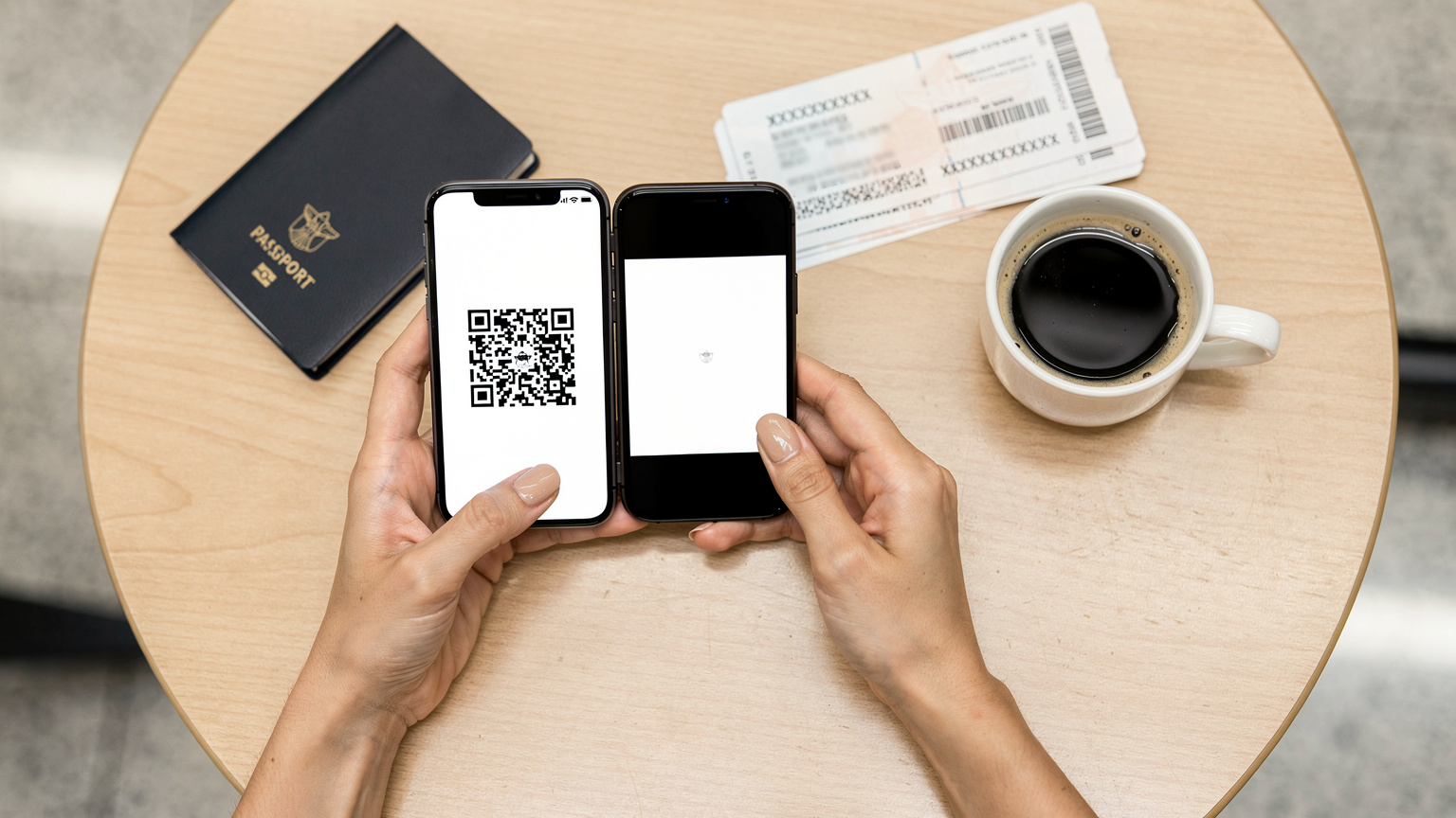 Tangan seorang ibu yang rapi sedang memegang ponsel pintar dan memindai kode QR dari layar ponsel lain yang tergeletak di samping paspor dan tiket pesawat di meja kafe bandara.