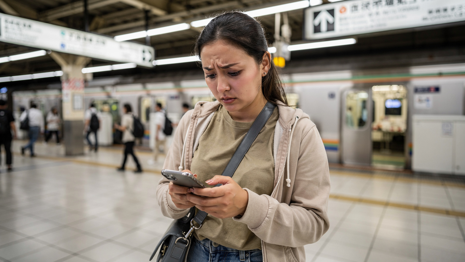 Seorang ibu muda dengan ekspresi sedikit cemas sedang melihat layar ponselnya yang menampilkan notifikasi 'Tidak Ada Jaringan', dengan latar belakang keramaian stasiun kereta api di Jepang.