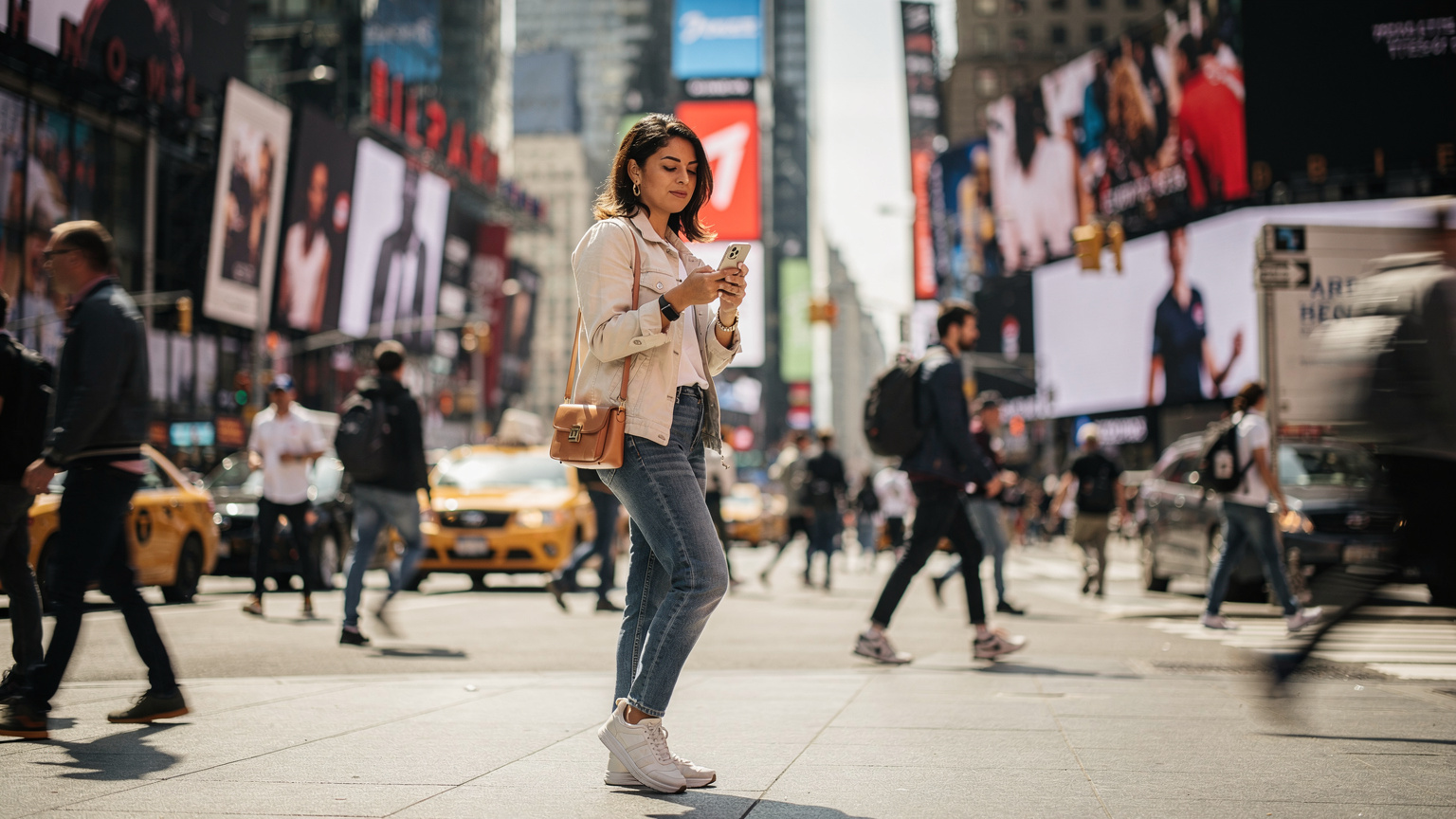 Eine junge Frau überprüft ihr Smartphone vor der belebten Kulisse des Times Square in New York City, mit den ikonischen Leuchtreklamen im Hintergrund.
