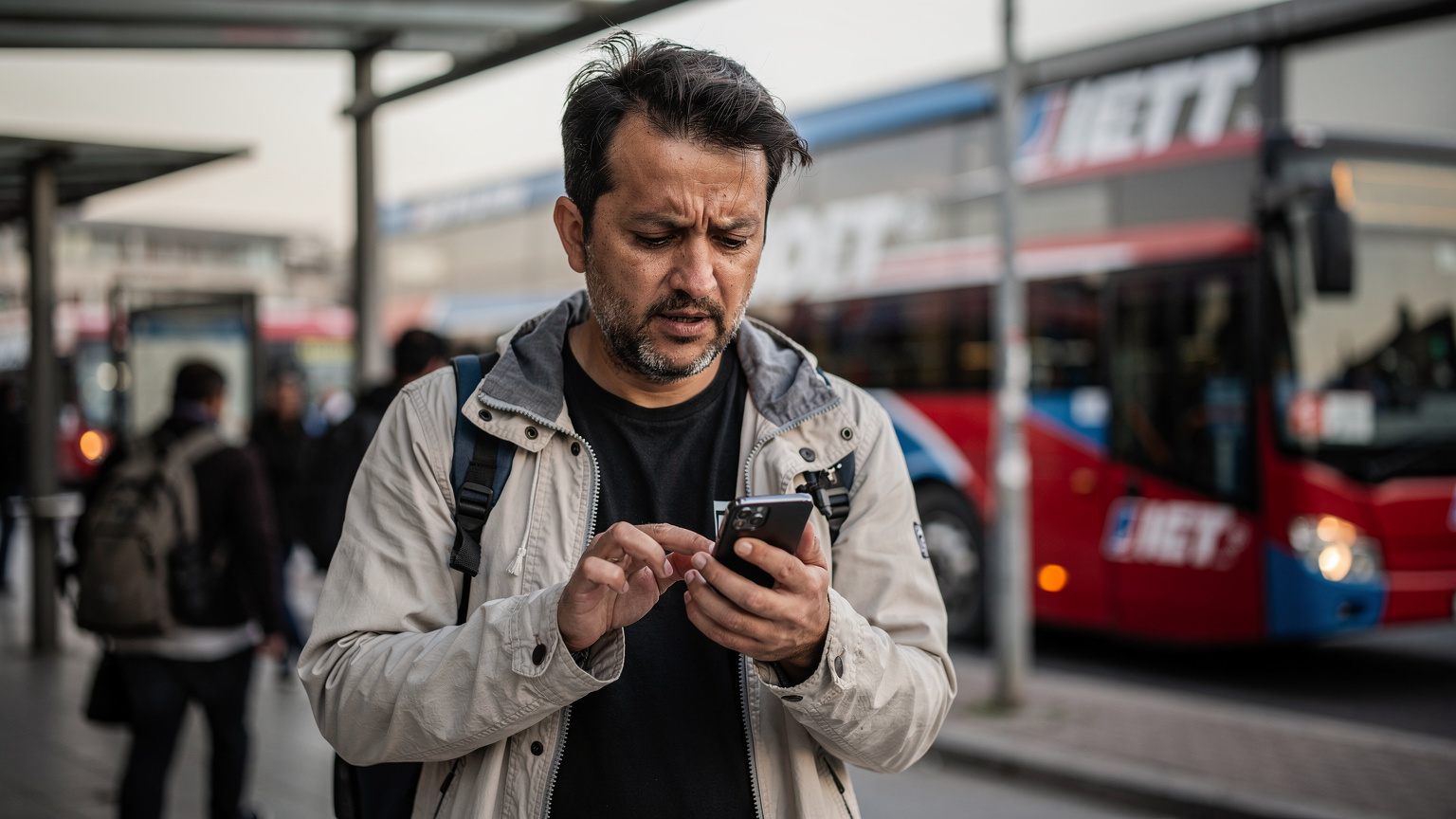 Ein frustrierter Reisender versucht, sein Smartphone an einem geschäftigen Busbahnhof in Istanbul zu bedienen, während IETT-Busse im Hintergrund vorbeifahren.