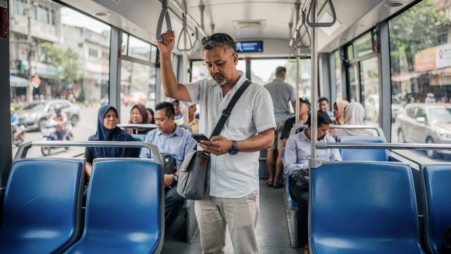 Seorang pengembara sedang menaiki bas TransJakarta di koridor Blok M, Jakarta Selatan, sambil menggunakan telefonnya untuk memeriksa jadual perjalanan atau peta laluan, menunjukkan kemudahan akses data untuk pengangkutan awam.