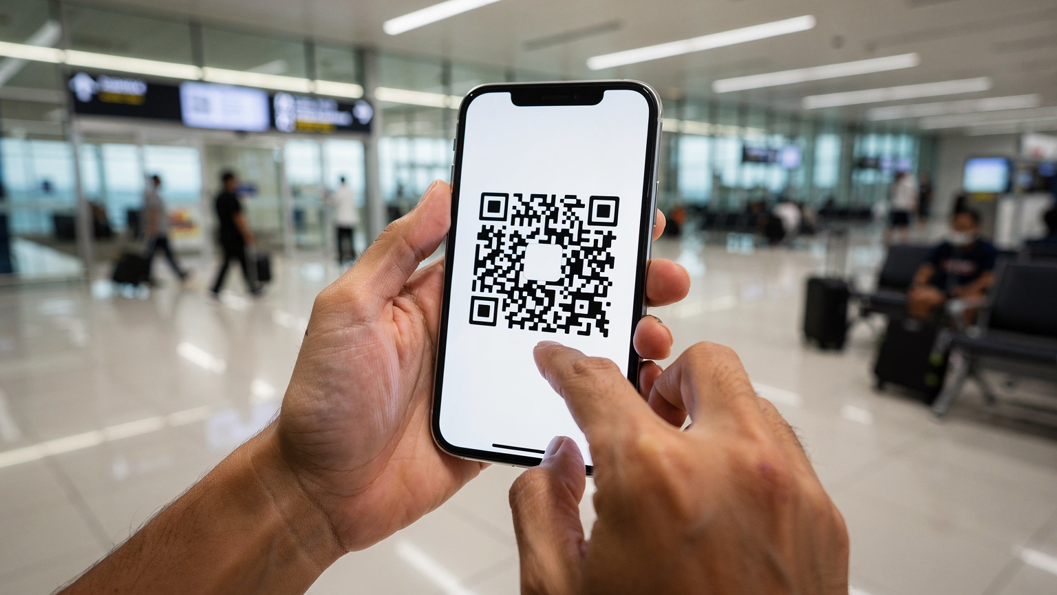 Seorang pengembara sedang memegang telefonnya dengan imej kod QR eSIM terpapar di skrin, bersedia untuk mengimbas dan mengaktifkan pelan data baharu. Di latar belakang, kelihatan keramaian di sebuah lapangan terbang Indonesia.