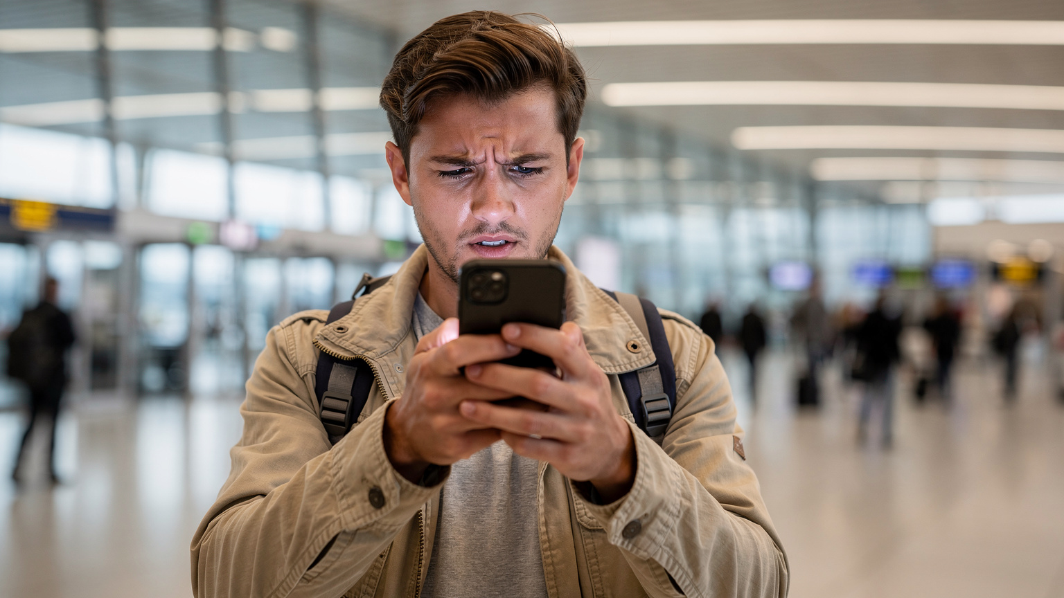 Eine Person steht verärgert am Flughafen in Kopenhagen, starrt auf ihr Smartphone, das kein Netz anzeigt, und wirkt frustriert, umgeben von anderen Reisenden.