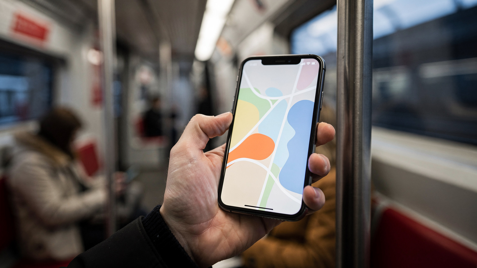 Eine Nahaufnahme zeigt die Hand einer Person, die ihr Smartphone in der U-Bahn von Oslo hält, während sie konzentriert auf den Bildschirm blickt, um eine Route zu überprüfen.