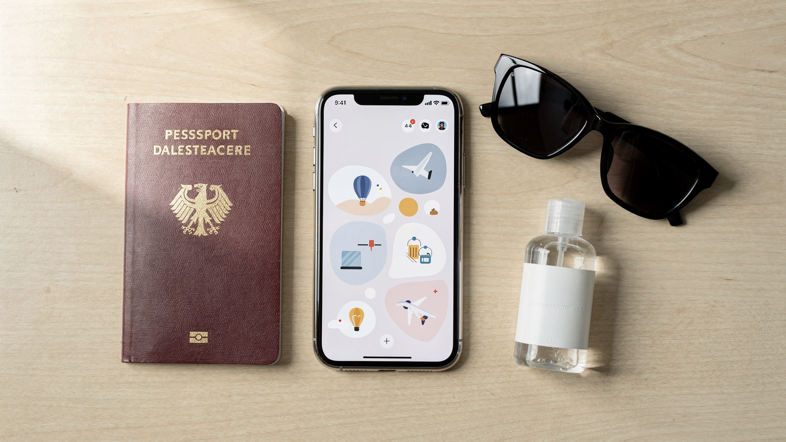 Ein Overhead-Flat-Lay zeigt ein Smartphone mit einer geöffneten Reise-App, daneben liegen ein Pass, eine kleine Flasche Handdesinfektionsmittel und eine stilvolle Sonnenbrille, bereit für die Reise.