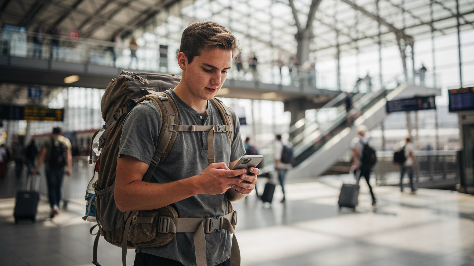 Een backpacker navigeert behendig door de drukte van een treinstation in Berlijn, terwijl hij op zijn telefoon kijkt voor de juiste aansluiting.