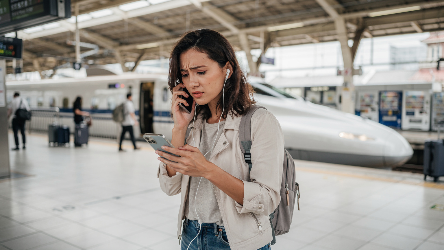 Một du khách đang gọi điện thoại với tai nghe, nhìn lo lắng vào màn hình khi chờ tàu Shinkansen tại một nhà ga đông đúc ở Kyoto.