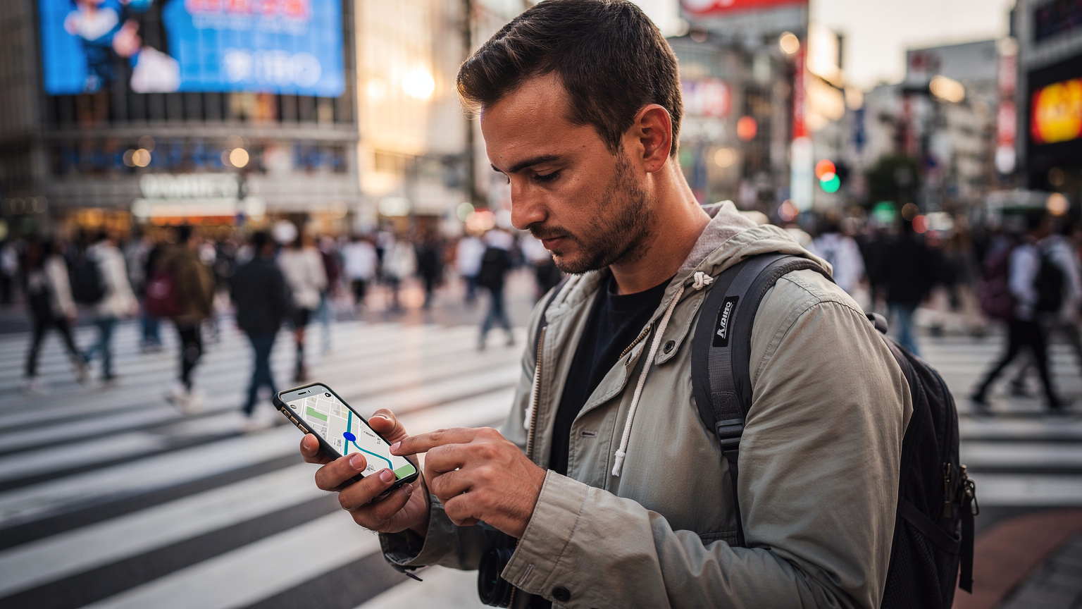 Một du khách đang dùng Google Maps trên điện thoại để tìm đường trong khu phố Shibuya, với biển quảng cáo khổng lồ và dòng người đi bộ phía sau.
