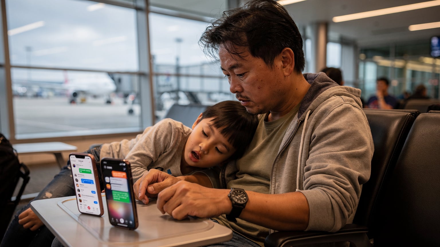 一位疲惫的父亲坐在曼谷素万那普机场的候机厅里, 他的中国大陆版iPhone和一部香港版iPhone并排放在小桌板上, 屏幕亮着, 显示航班信息。一个孩子依偎在他肩头熟睡。