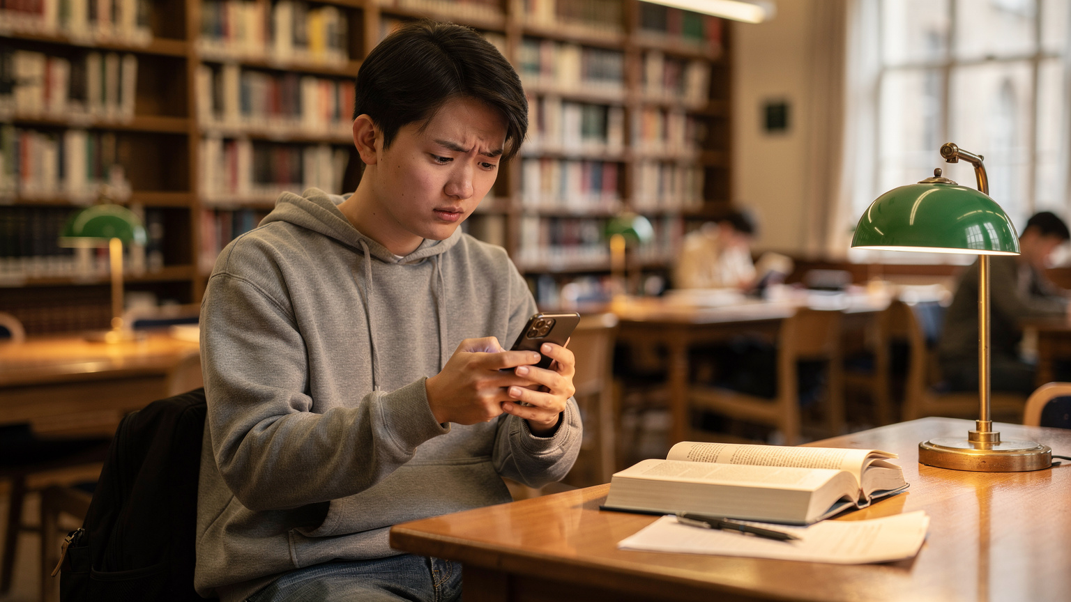 一名中国留学生在伦敦大学学院(UCL)图书馆内,手持手机,屏幕上显示eSIM的设置界面,眉头微蹙,仿佛在解决一个难题,旁边放着一本厚厚的教科书。