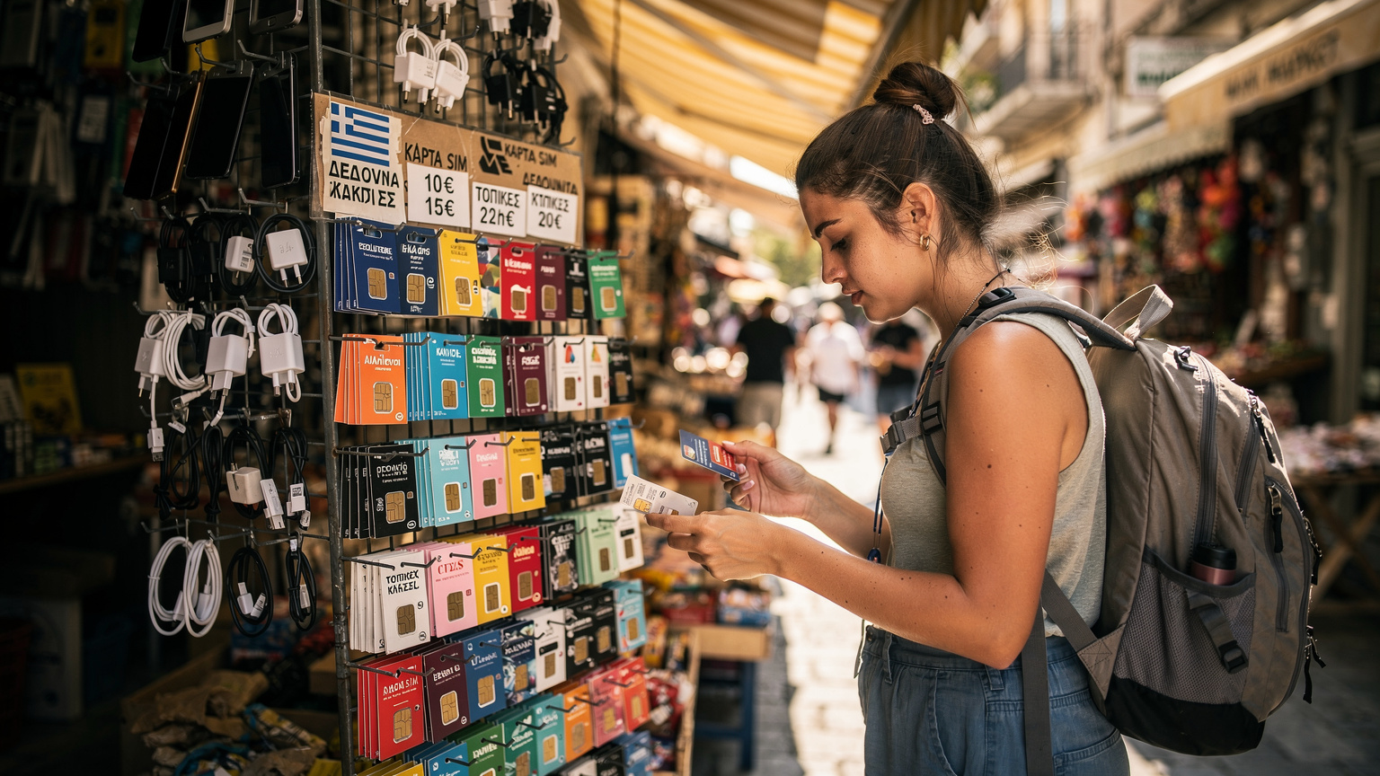 Une voyageuse compare les tarifs de cartes SIM locales dans une petite boutique d'un marché animé à Athènes, Grèce, avec des étiquettes de prix en grec.