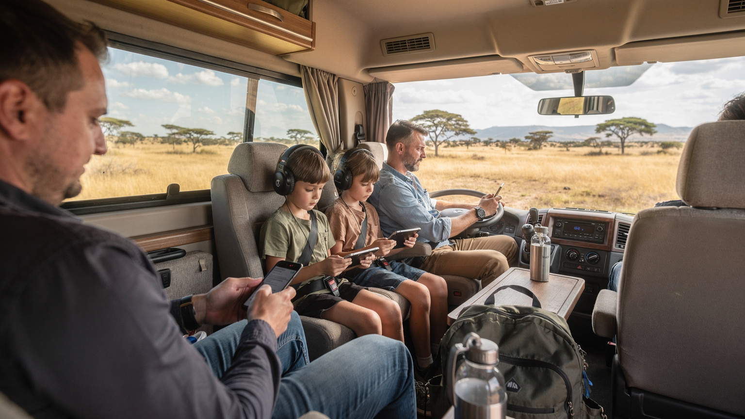 Rodzina z dwójką dzieci w safari camperze, dzieci oglądają filmy na tabletach z słuchawkami, podczas gdy rodzic z tyłu sprawdza coś na swoim telefonie z aktywnym eSIM, w tle widać afrykański krajobraz.