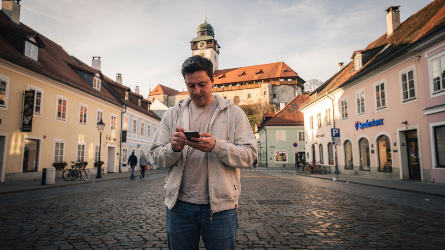 Eine Person tippt auf einem Smartphone, während im Hintergrund ein historisches Gebäude in Graz zu sehen ist, was eine Verbindung zwischen Technologie und lokaler Kultur herstellt.