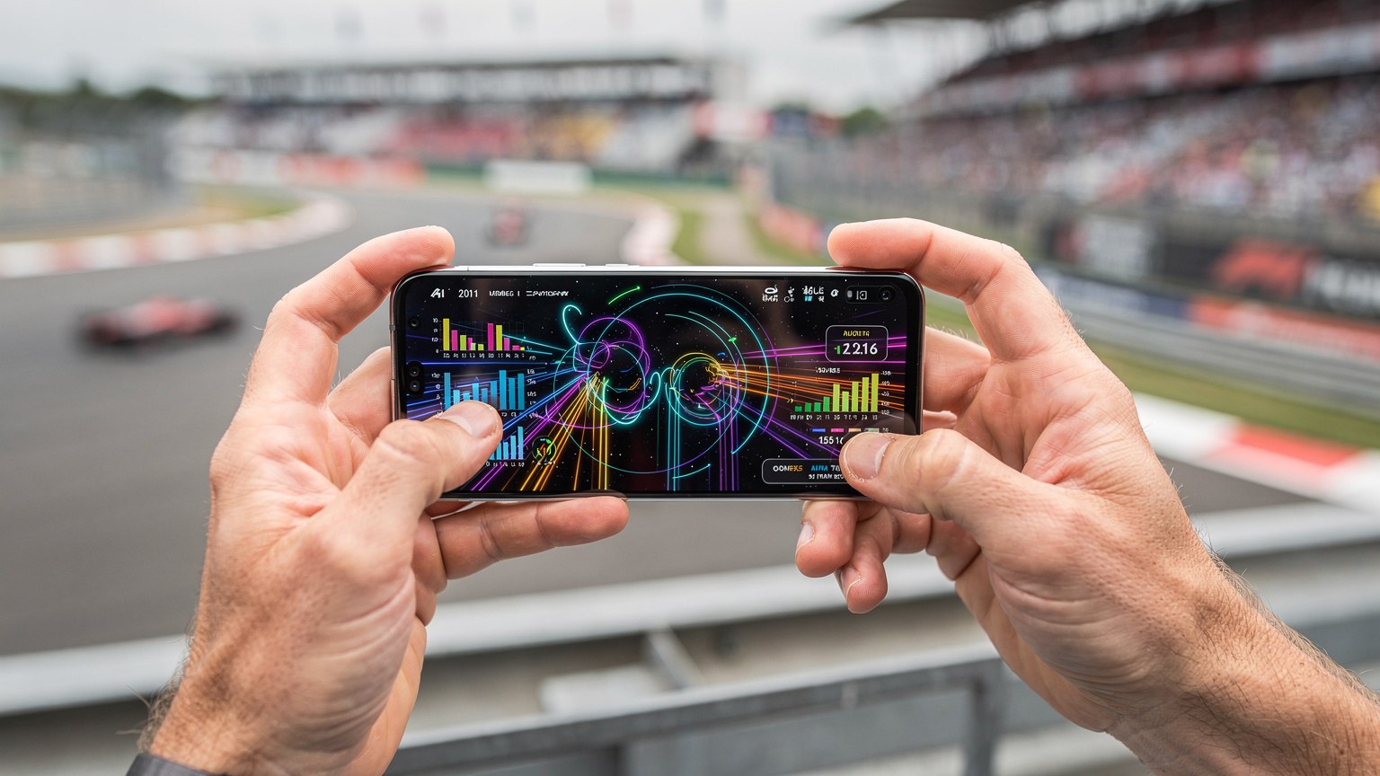 Nahaufnahme von Händen, die ein Smartphone halten, auf dessen Bildschirm Live-Timing-Daten eines Formel-1-Rennens angezeigt werden, mit einer Rennstrecke im unscharfen Hintergrund.