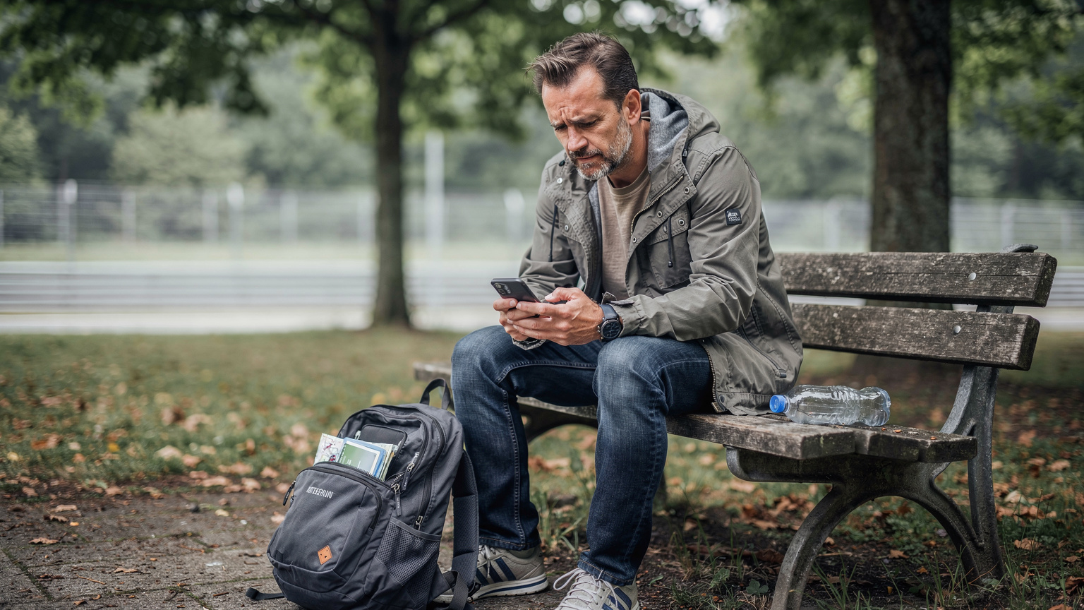Ein Reisender sitzt auf einer Parkbank, blickt besorgt auf sein Smartphone mit niedrigem Akkustand und einer leeren Wasserflasche daneben.