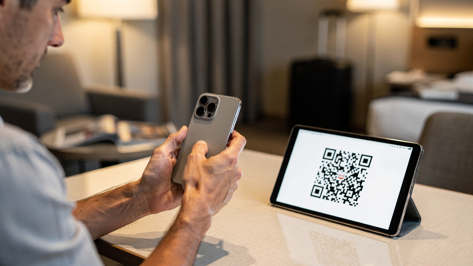 Bir ebeveyn, otel odasında veya havaalanı salonunda, telefonunun kamerasıyla Cellesim uygulamasından aldığı QR kodu tarayarak eSIM kurulumunu yapıyor.