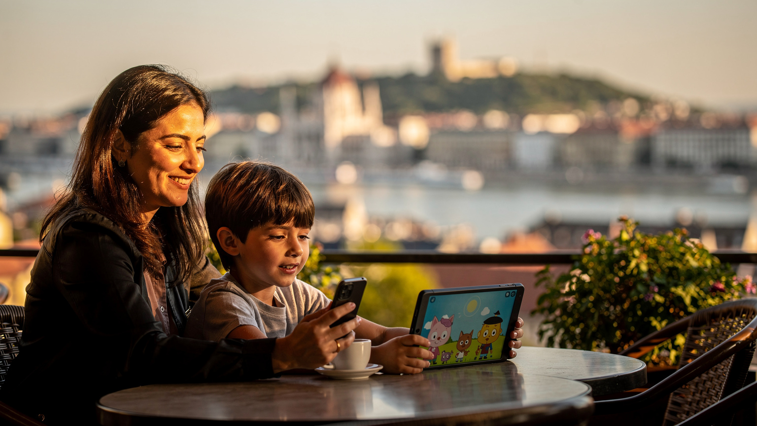 Bir anne, Budapeşte'nin Gellért Tepesi'nden Tuna Nehri manzarası eşliğinde, çocuğunun tabletine telefonundan mobil hotspot ile internet paylaşıyor.