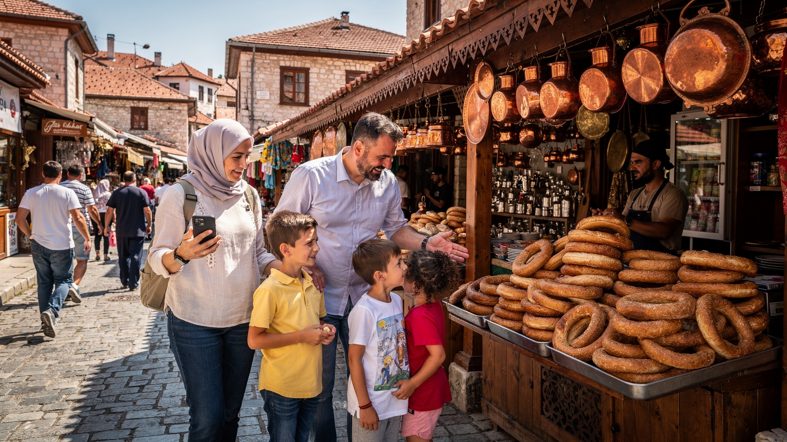 Saraybosna'nın Başçarşı'sında bir Türk aile, tarihi sokaklarda gezerken ebeveynlerden biri eSIM uyumlu telefonundan haritayı kontrol ediyor, çocuklar ise merakla geleneksel bir simitçi tezgahına bakıyor.