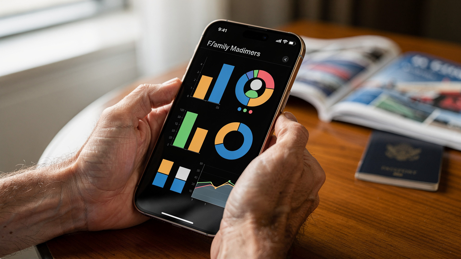 Bir ebeveynin eli, akıllı telefonunda Cellesim uygulamasını kullanarak aile üyelerinin farklı cihazlarındaki eSIM data kullanımını grafikler halinde kontrol ediyor.