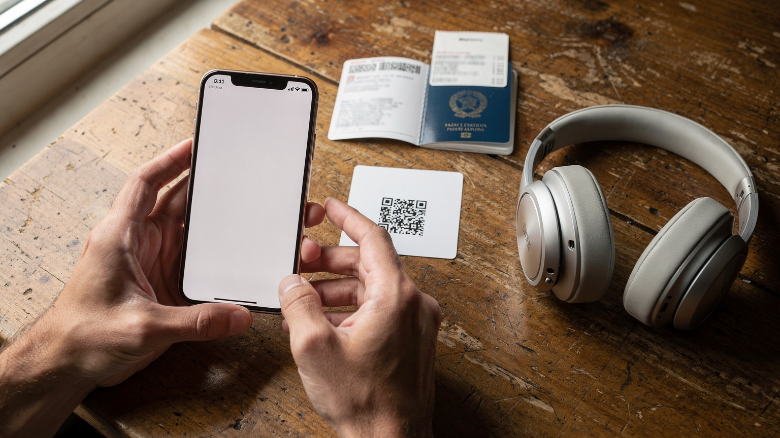 Mani di un viaggiatore mentre tiene uno smartphone, scansionando un QR code per attivare un'eSIM, con un passaporto italiano aperto e un biglietto aereo in primo piano su un tavolo di legno.