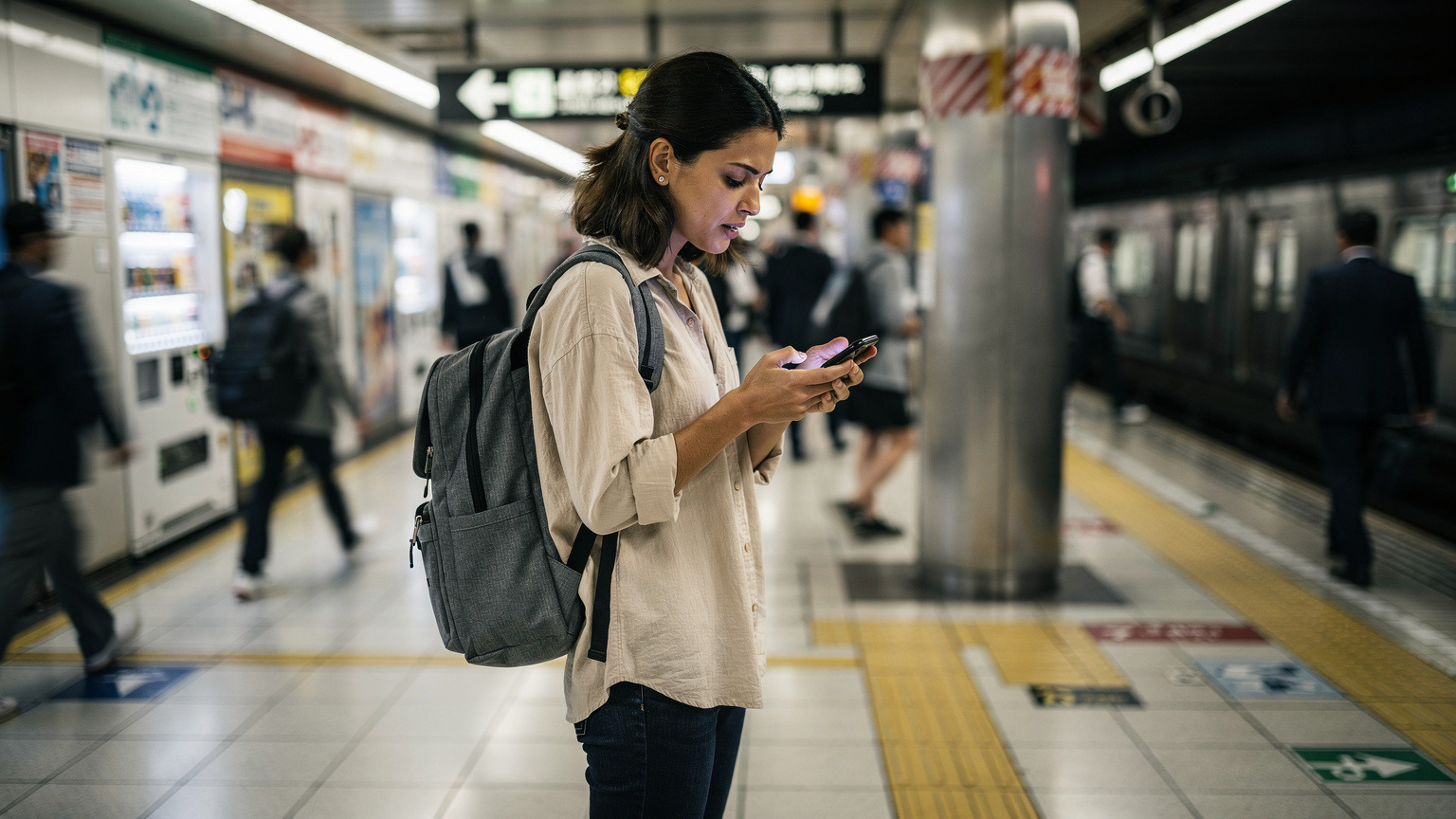 Una viaggiatrice italiana consulta il suo smartphone per informazioni sul trasporto pubblico in una stazione affollata di Tokyo durante il Ferragosto.