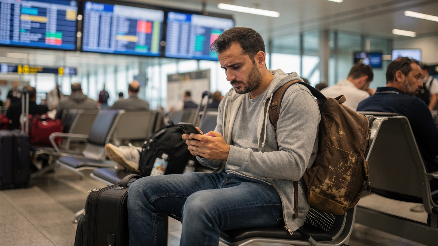 Un uomo italiano con uno zaino è seduto su una panchina in un aeroporto affollato, guardando il suo smartphone con un'espressione di frustrazione e preoccupazione, a causa di problemi di connettività.